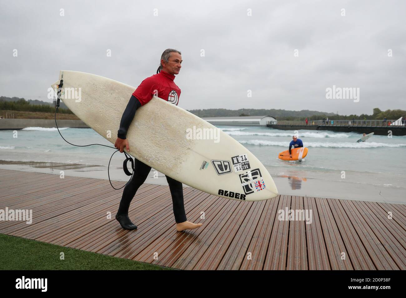 Pegleg Bennett leaves the water after taking part in the 2020 Korev Lager English Adaptive Surfing Open at The Wave in Bristol. Stock Photo