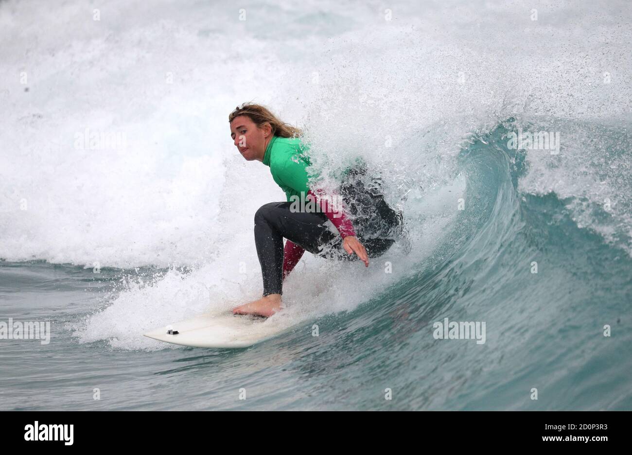 Melissa Reid takes part in the 2020 Korev Lager English Adaptive Surfing Open at The Wave in Bristol. Stock Photo