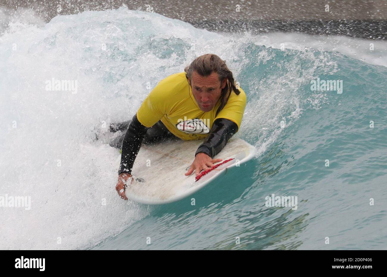 Bruno Hansen takes part in the 2020 Korev Lager English Adaptive Surfing Open at The Wave in Bristol. Stock Photo