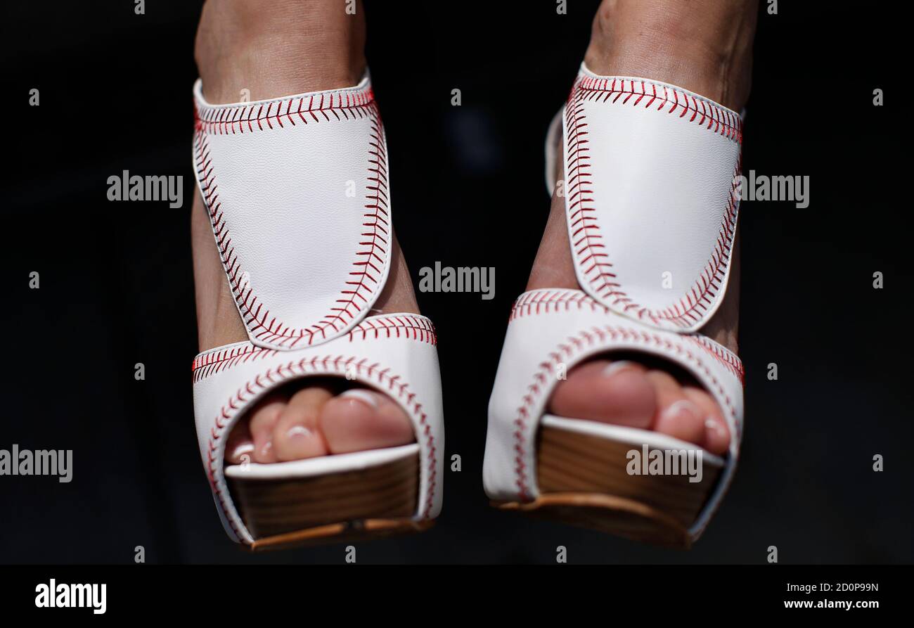 A New York Yankees Fan Wears Baseball Styled High Heeled Shoes Outside The Yankee Stadium Before The Opening Day Mlb American League Baseball Game Against The Boston Red Sox In New York