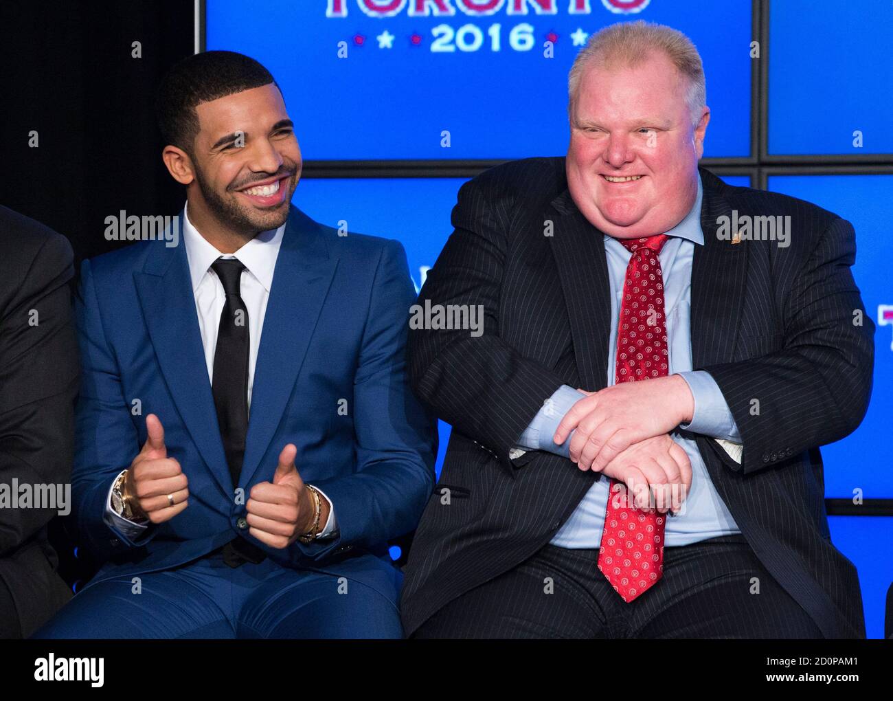 Rapper Drake Sits With Toronto Mayor Rob Ford R During An Announcement That The Toronto Raptors Will Host The 2016 Nba All Star Game In Toronto September 30 2013 Toronto Was Selected As