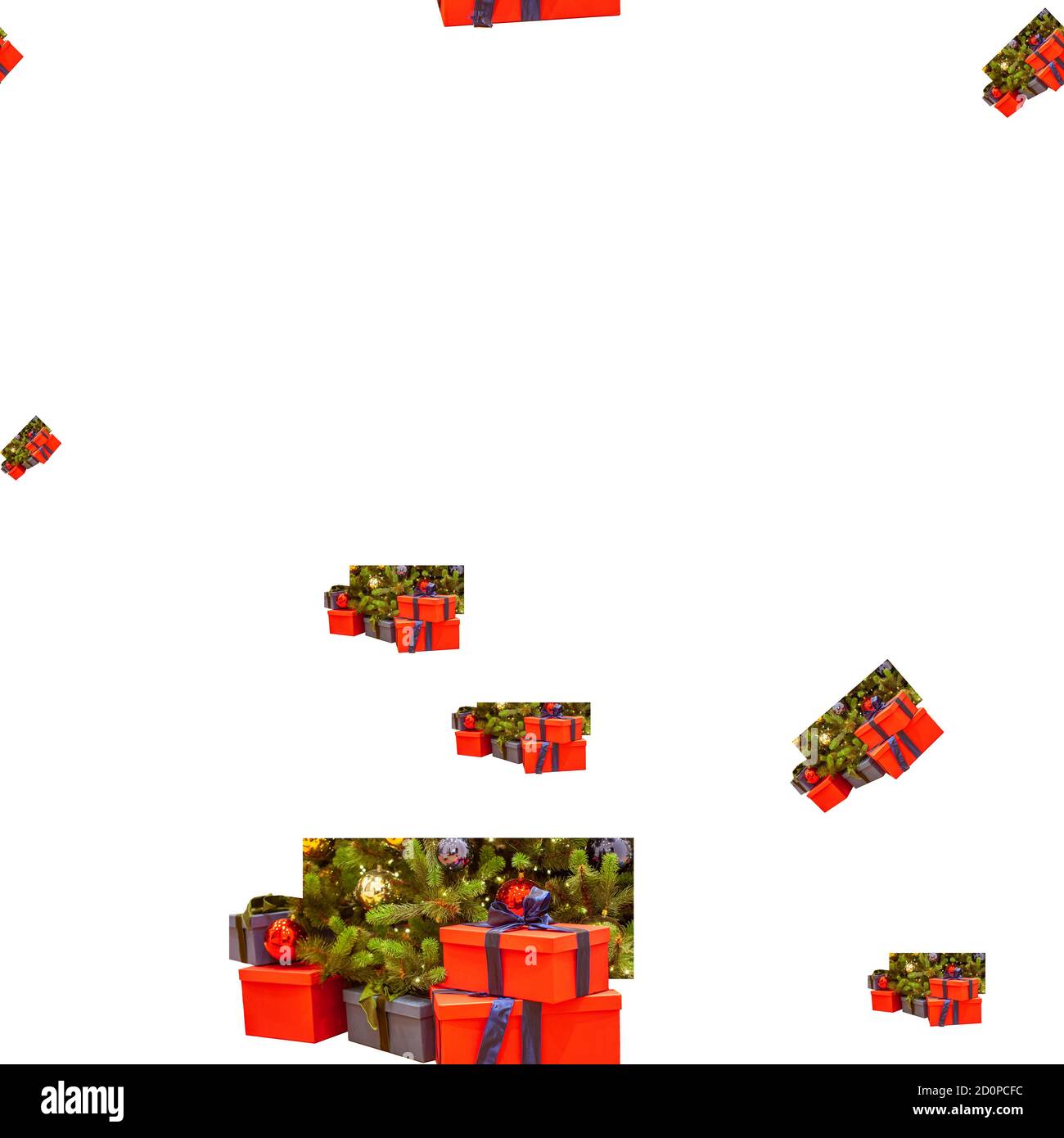 Seamless pattern decorated Christmas tree with red and blue gift boxes. Stock Photo