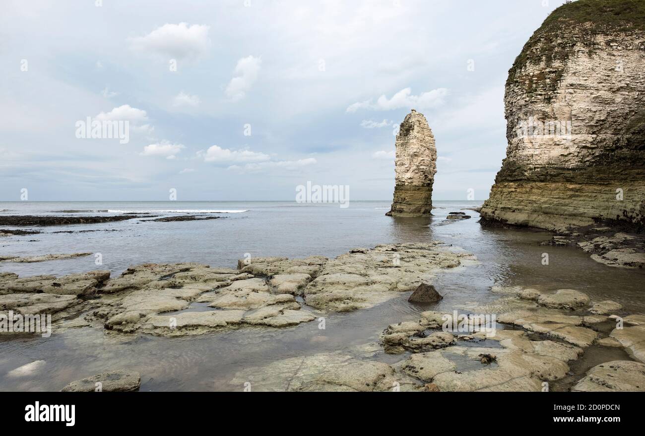 Chalk sea stack at low tide Stock Photo