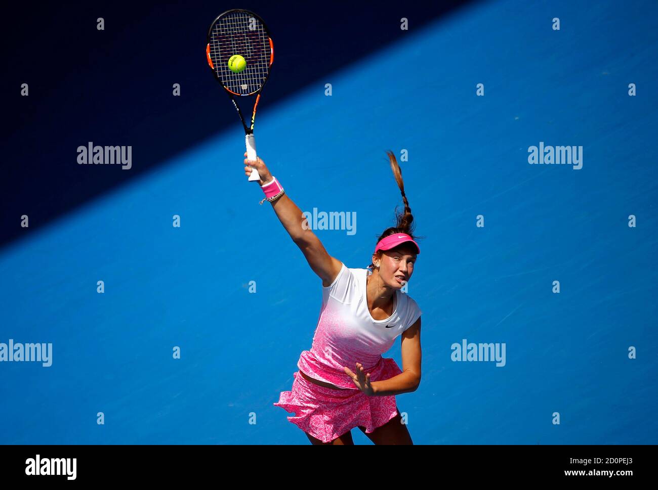 Slovakia's Tereza Mihalikova serves to Britain's Katie Swan during their junior girls' singles final at the Australian Open tennis tournament in Melbourne January 31, 2015. REUTERS/Carlos Barria (AUSTRALIA - Tags: SPORT TENNIS) Stock Photo