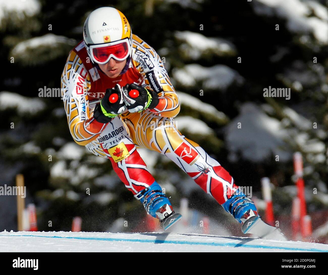 Britt Janyk of Canada makes a turn during alpine skiing training at the Women's World Cup Downhill in Lake Louise, Alberta December 2, 2010.  REUTERS/Mike Blake    (CANADA - Tags: SPORT SKIING) Stock Photo