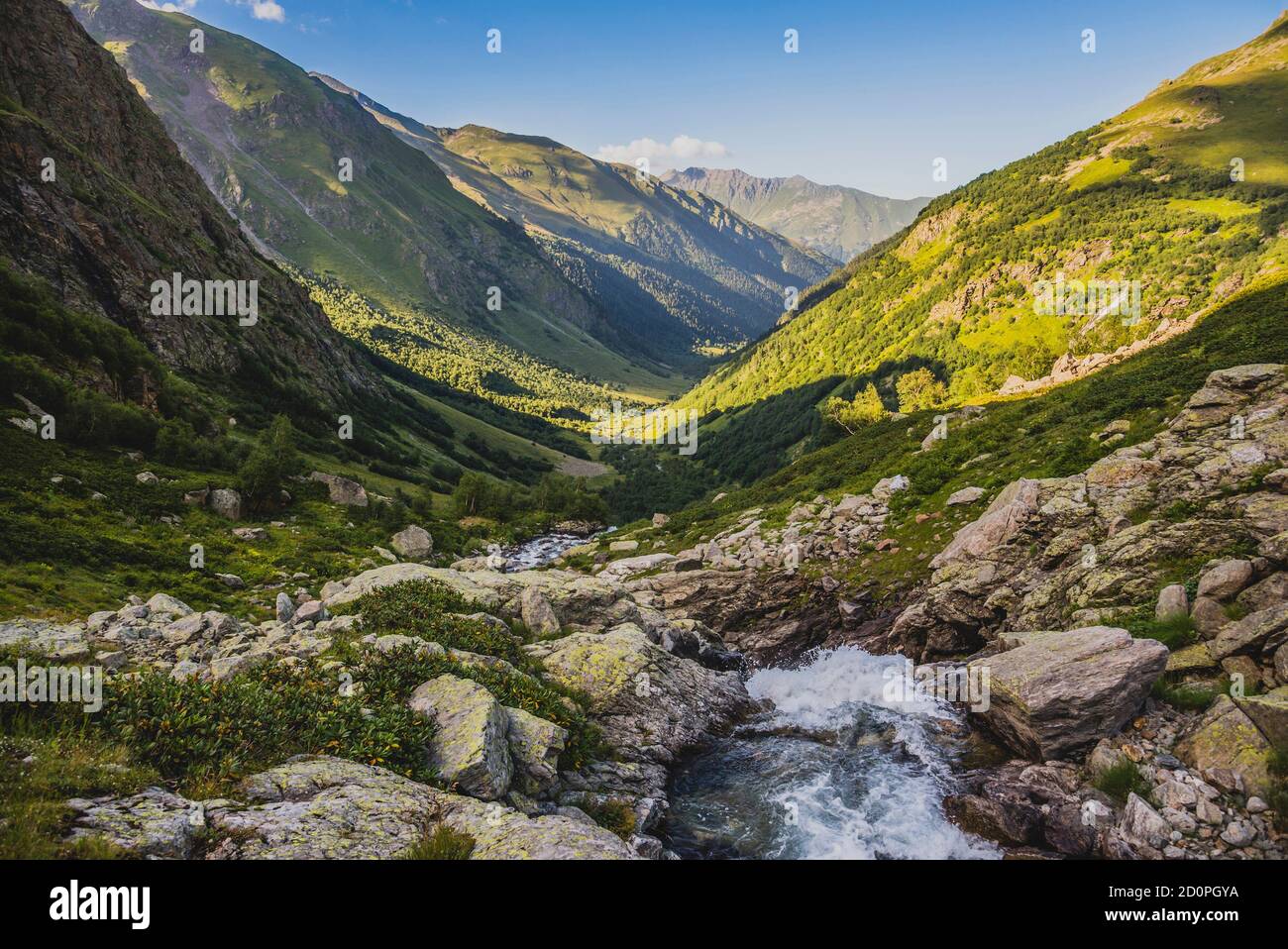 Summer landscape with waterfall on Imeretinka river in the mountains of Karachay-Cherkess Republic Stock Photo
