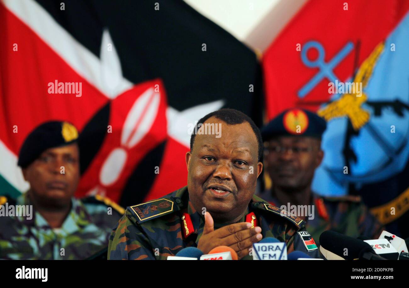 Kenya's Chief of the Defence Forces (CDF) General Julius Karangi addresses a media briefing at the Defence headquarters in Nairobi October 29, 2011. Kenya will end its military campaign against the Islamist al Shabaab rebels in Somalia when it is satisfied it has stripped the group of its capacity to attack across the border, Karangi said on Saturday. REUTERS/Thomas Mukoya (KENYA - Tags: POLITICS CIVIL UNREST) Stock Photo
