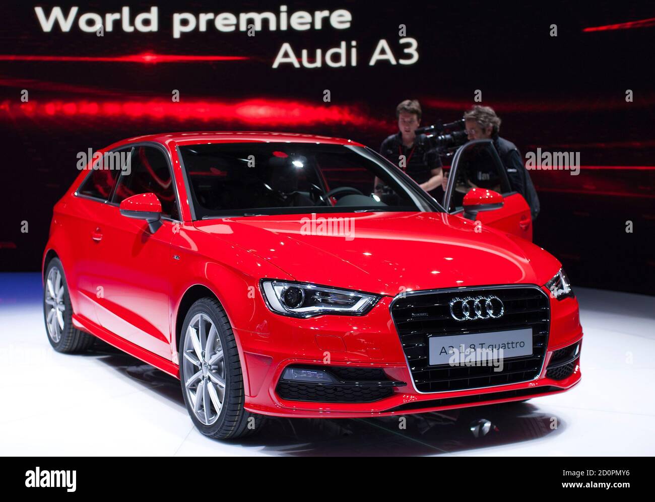 A new Audi A3 model car is displayed on the car maker's booth during the  first media day of the Geneva Auto Show at the Palexpo in Geneva, March 6,  2012. The