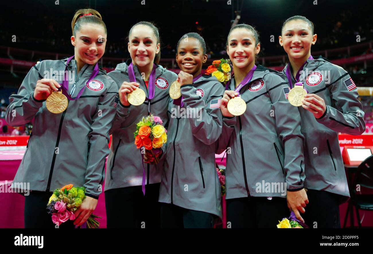 Team U S A Members Mckayla Maroney Jordyn Wieber Gabrielle Douglas Alexandra Raisman And Kyla Ross L R Pose With Their Gold Medals After The Women S Gymnastics Team Final In The North Greenwich Arena At