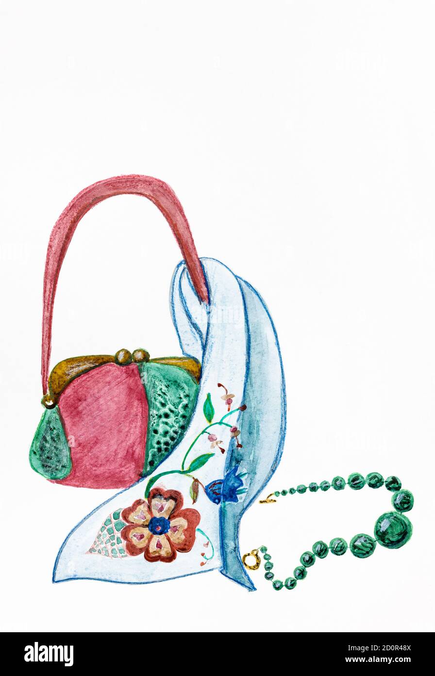still-life with ladies accessories hand-drawn by watercolours and color pencils on white paper Stock Photo