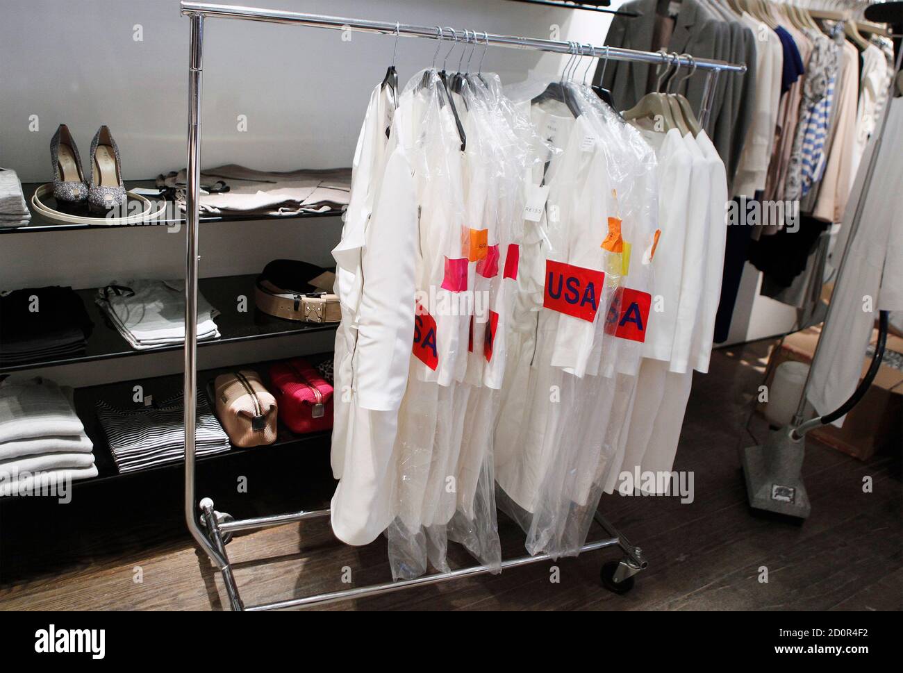 Shipping labels are seen on the packaging for a rack of ...