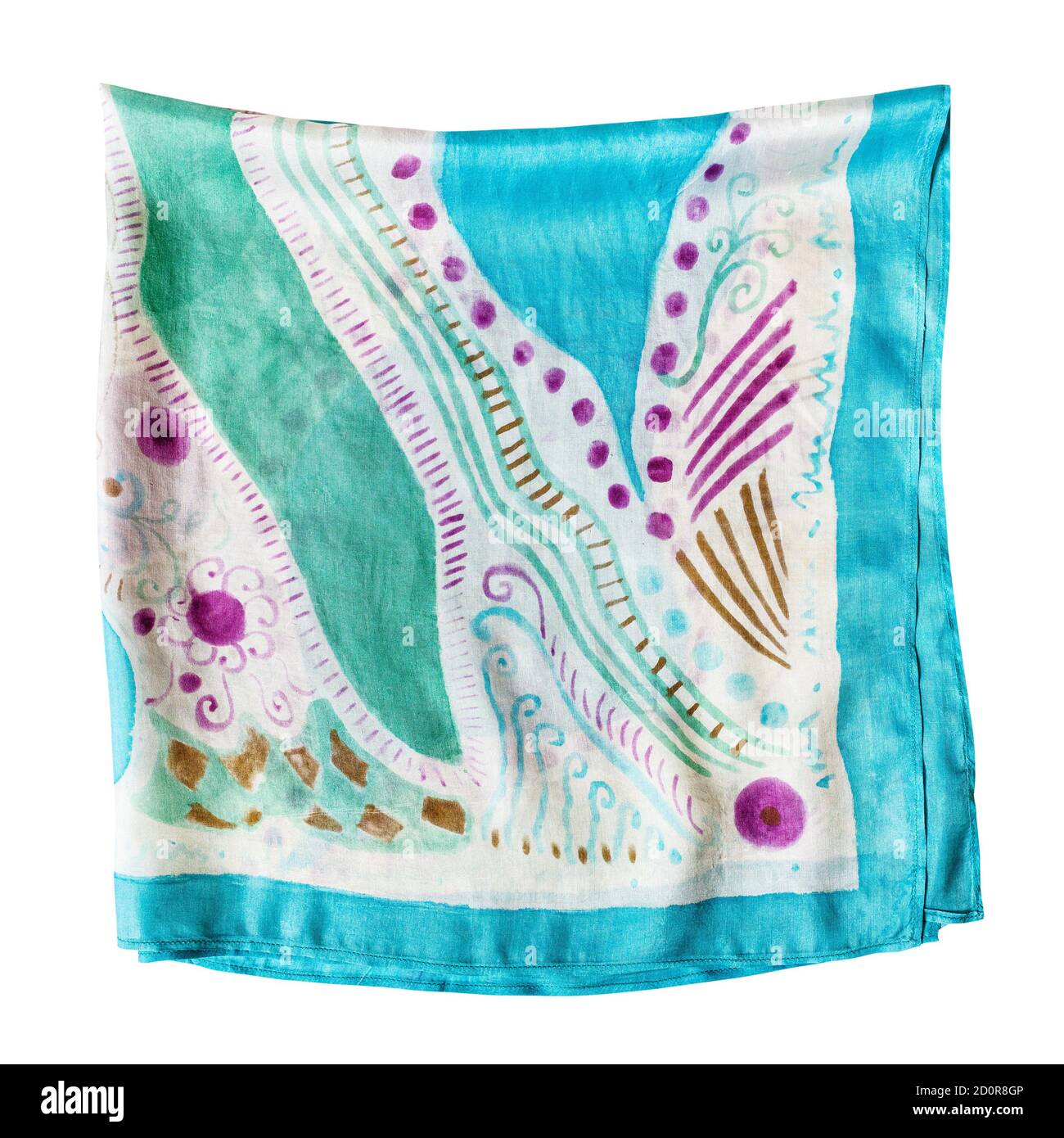 wrapped blue, green and purple handpainted silk scarf with abstract pattern isolated on white background Stock Photo