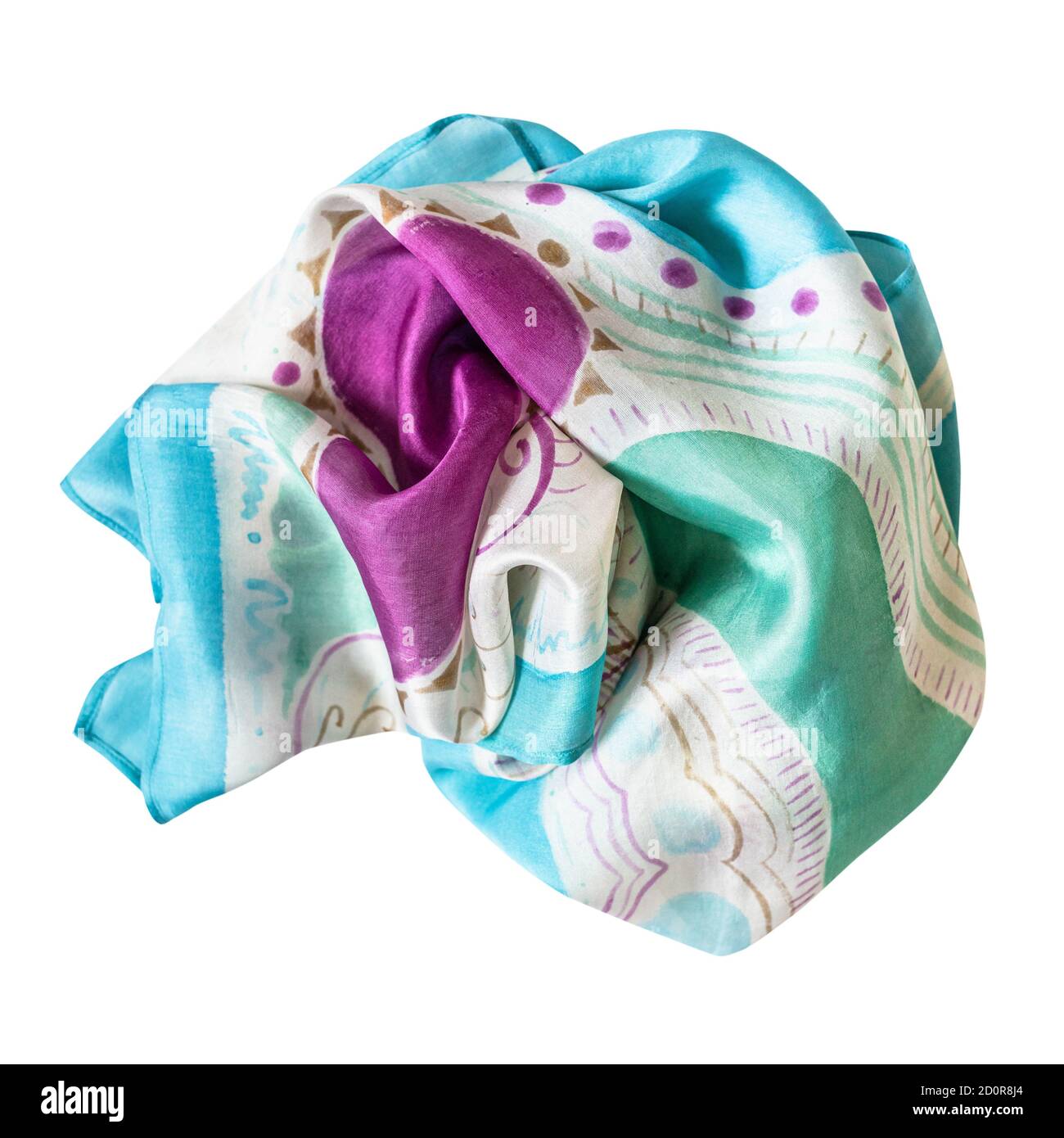 wrapped blue, green and purple handpainted silk scarf isolated on white background Stock Photo