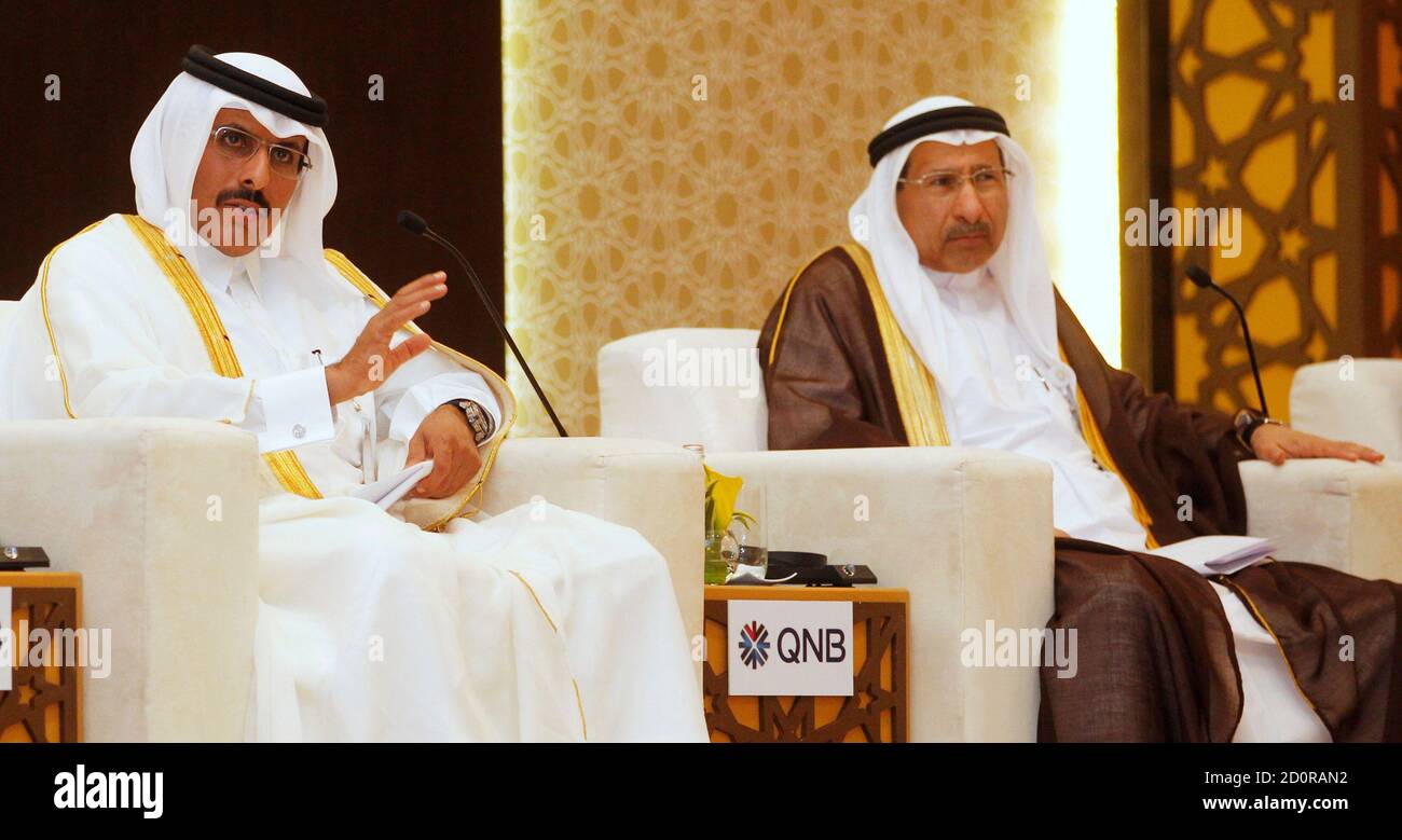 Qatar S Central Bank Governor Sheikh Abdulla Saud Al Thani L Speaks Next To United Arab Emirates Central Bank Governor Sultan Bin Nasser Al Suwaidi During The Capital Markets Conference In Doha September 18 Meeting the challenges of diversification in. alamy