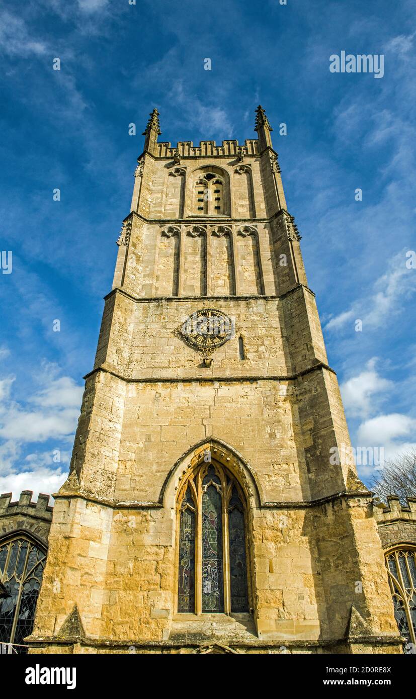 Looking up at the tower of the parish church of Wotton under Edge, a cotswold village in Gloucestershire, England, UK Stock Photo