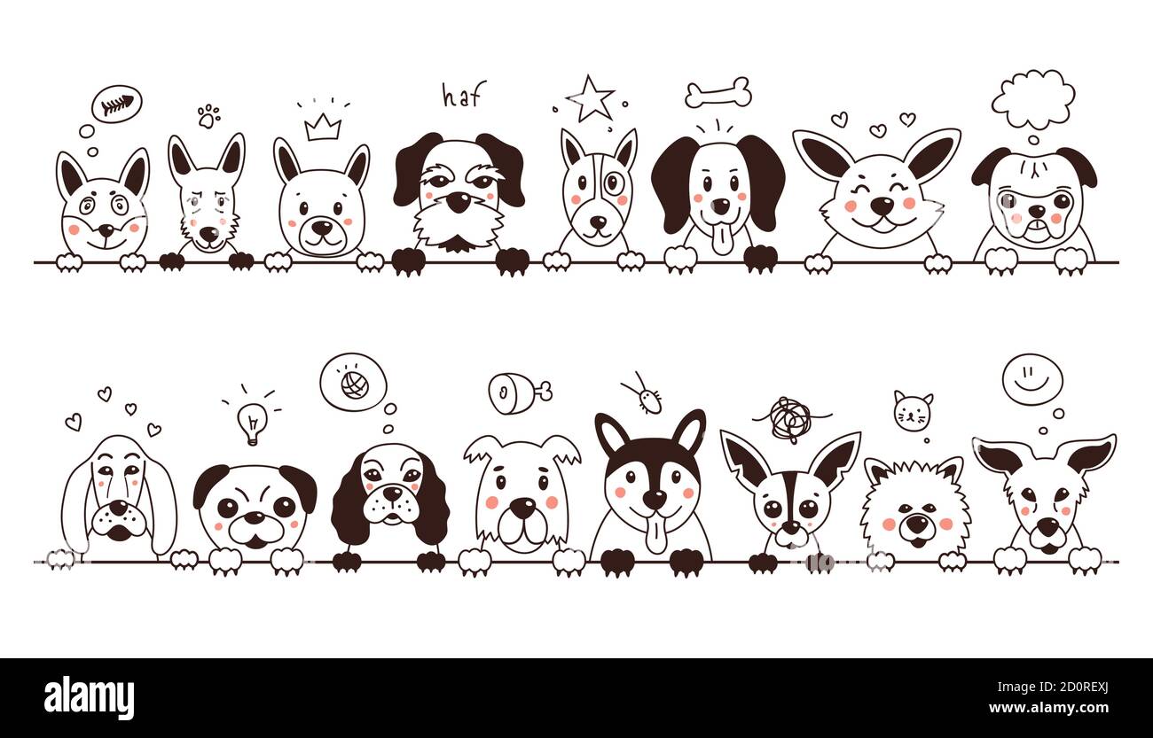 Set of cute dogs. Doodle Dogs are thinking about something. Vector ...