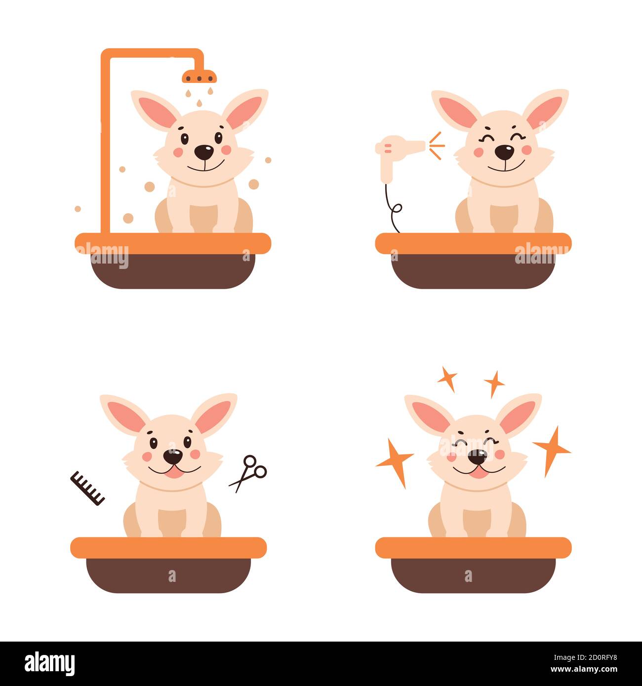 Bath for a cute dog. A dog is swimming. Vector illustration on a white isolated background. Icon set Stock Vector