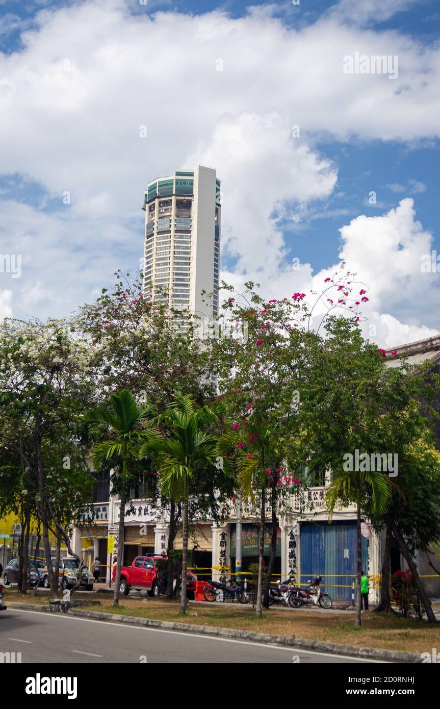 Georgetown, Penang/Malaysia - Feb 14 2020: Penang old street with background KOMTAR building. Stock Photo