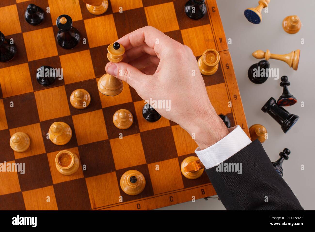 Businessman`s Hand Playing Chess Game To Development Analysis Ne Stock  Photo - Image of competition, business: 123928716