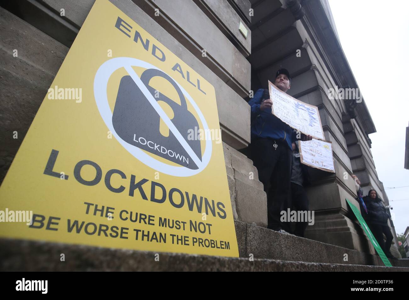 Signage at an anti-lockdown protest in Old Market Square, Nottingham, after a range of new restrictions to combat the rise in coronavirus cases came into place in England. Stock Photo