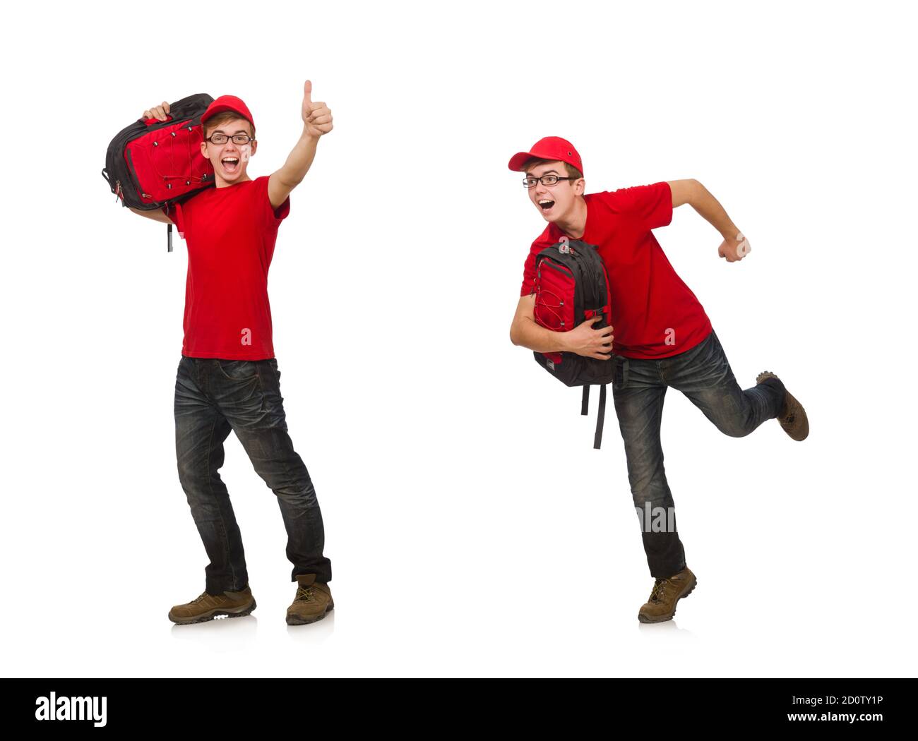 The young traveller with backpack isolated on white Stock Photo - Alamy