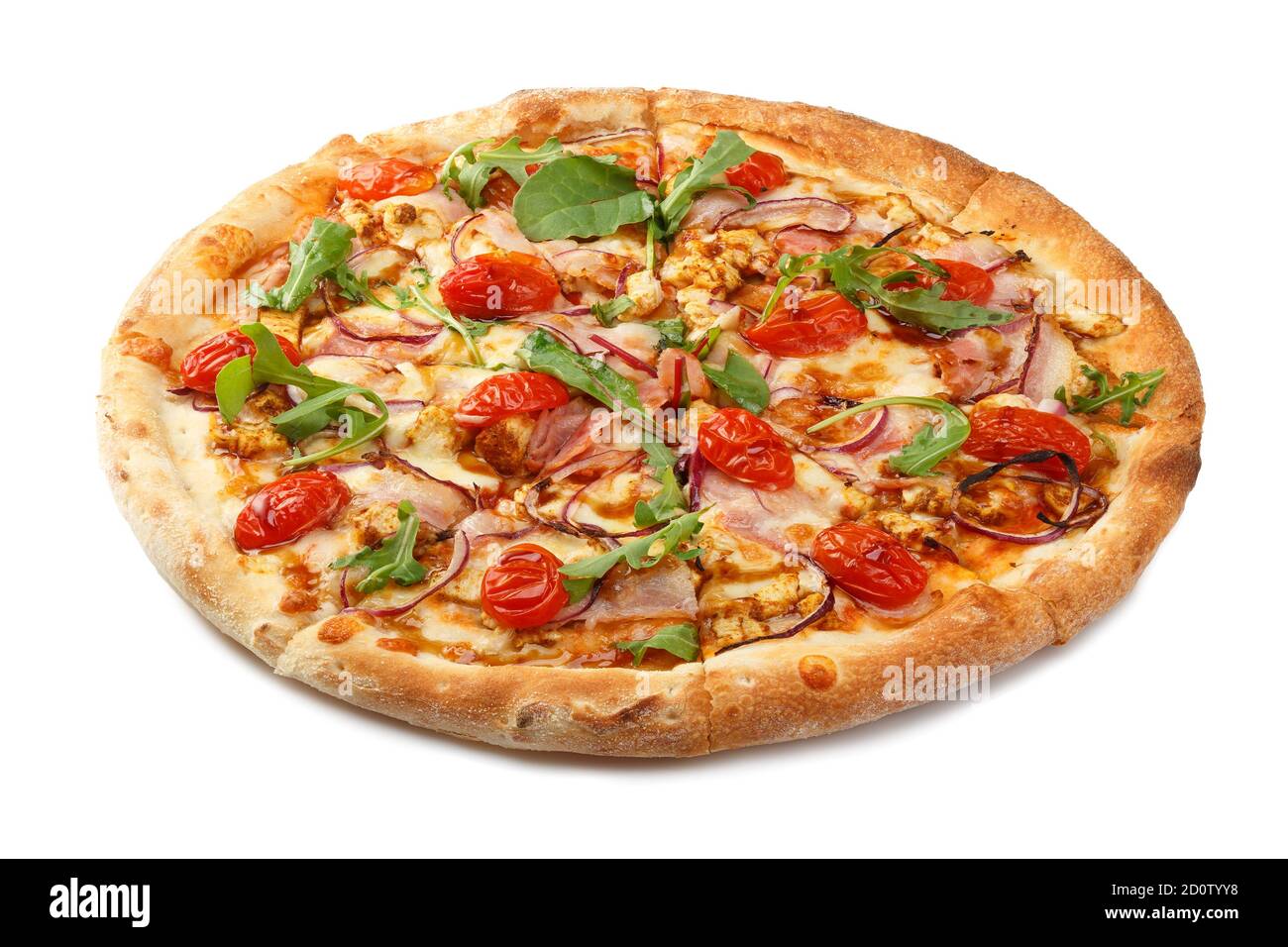Delicious classic italian pizza with Mozzarella, peppers, tomatoes, onions, olives and arugula isolated on white background. Cutted on slices. Side vi Stock Photo