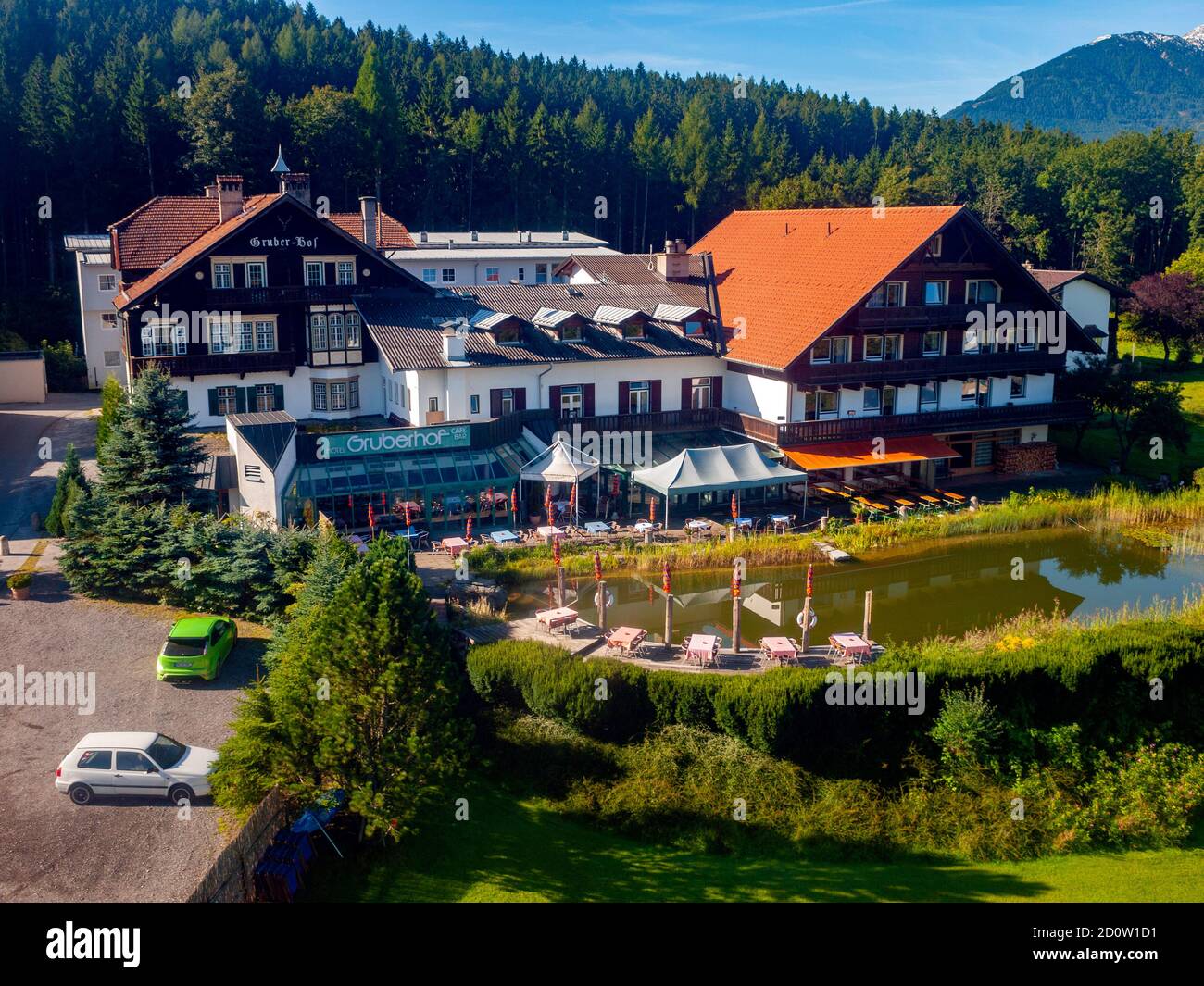 The Gruberhof hotel in Igls in the Austrian Tirol near Innsbruck seen from the Patscherkofel cable car Stock Photo