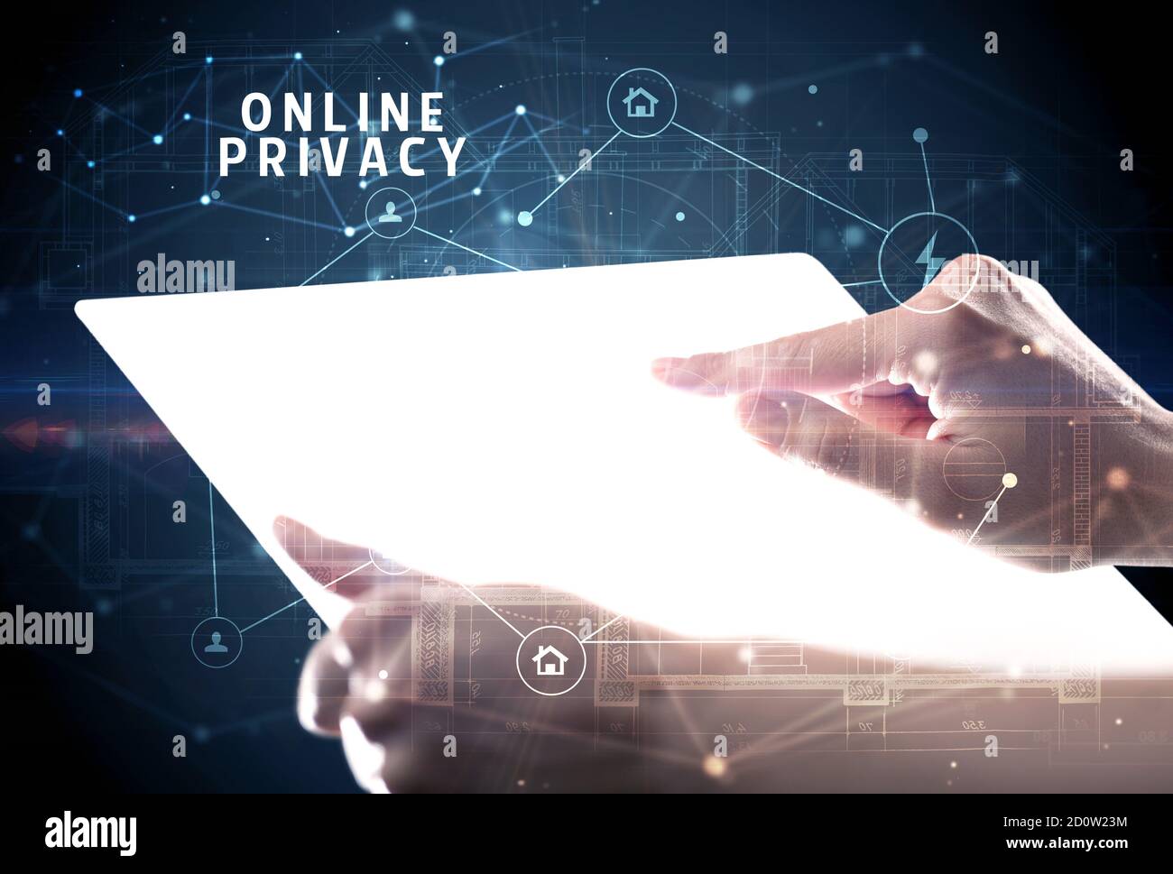 Holding futuristic tablet with ONLINE PRIVACY inscription, cyber ...