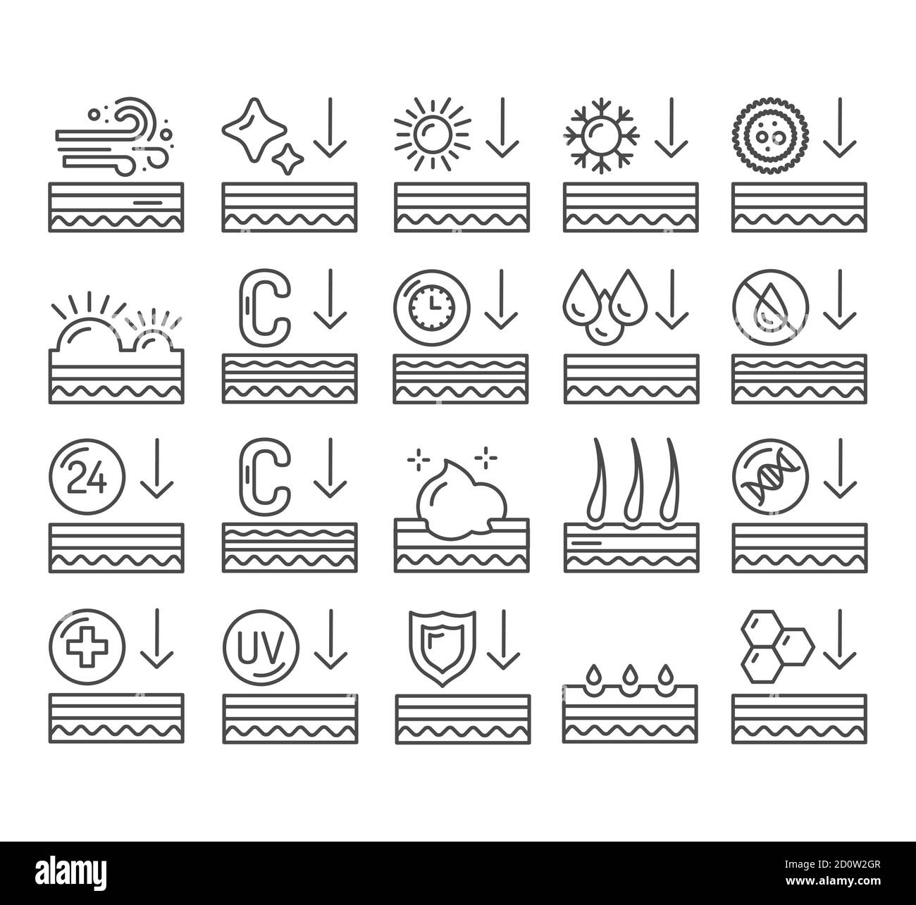 Effect on the skin black line icons set. Human skin layers.  Stock Vector