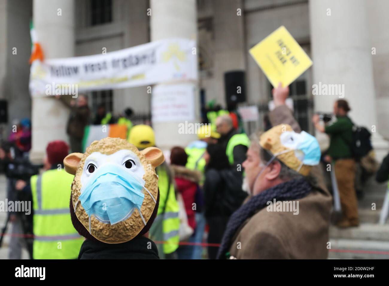 People attend an anti-mask protest organised by Health Free Ireland at Custom House in Dublin. Stock Photo