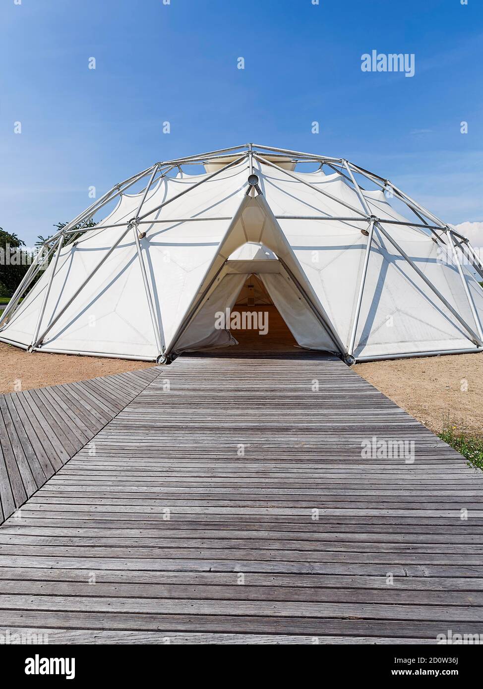 Geodesic dome, tent with wooden walkway, event room, exhibition room Dome, architect Richard Buckminster Fuller, Vitra Campus, Vitra Design Museum, We Stock Photo