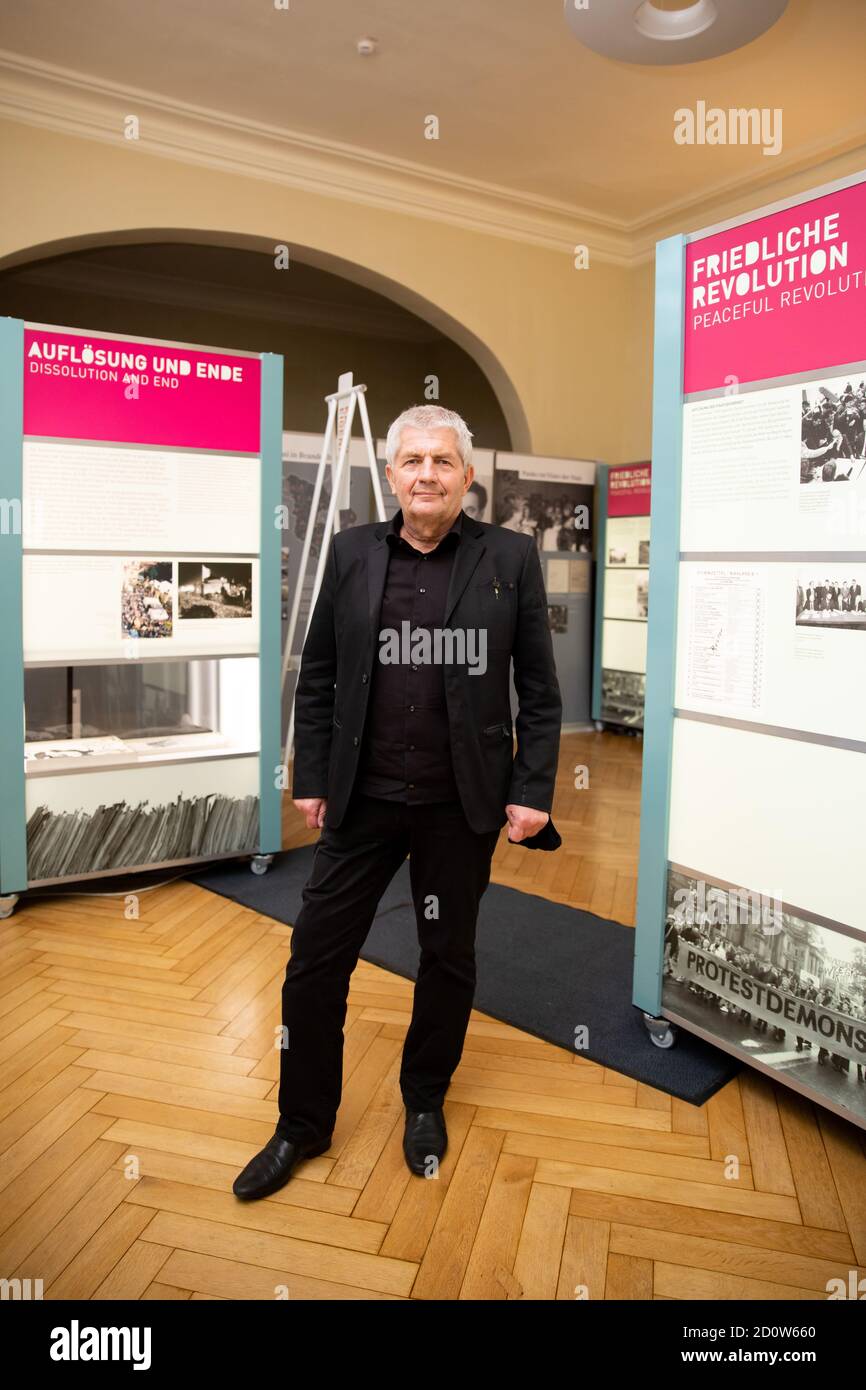 Potsdam, Germany. 03rd Oct, 2020. Roland Jahn, Federal Commissioner for the Stasi files, is on display in the touring exhibition 'Feind ist, wer anders denkt' at the Lindenstrasse Memorial. Potsdam, as the capital of Brandenburg, will host this year's central celebrations of German Unity Day. Credit: Christoph Soeder/dpa/Alamy Live News Stock Photo