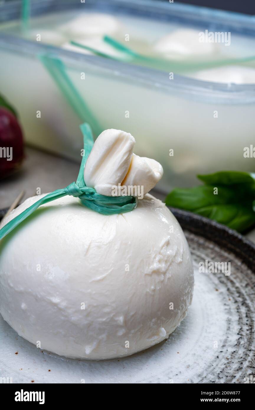 Eating of fresh handmade soft Italian cheese from Puglia, white balls of  burrata or burratina cheese made from mozzarella and cream filling in  contain Stock Photo - Alamy