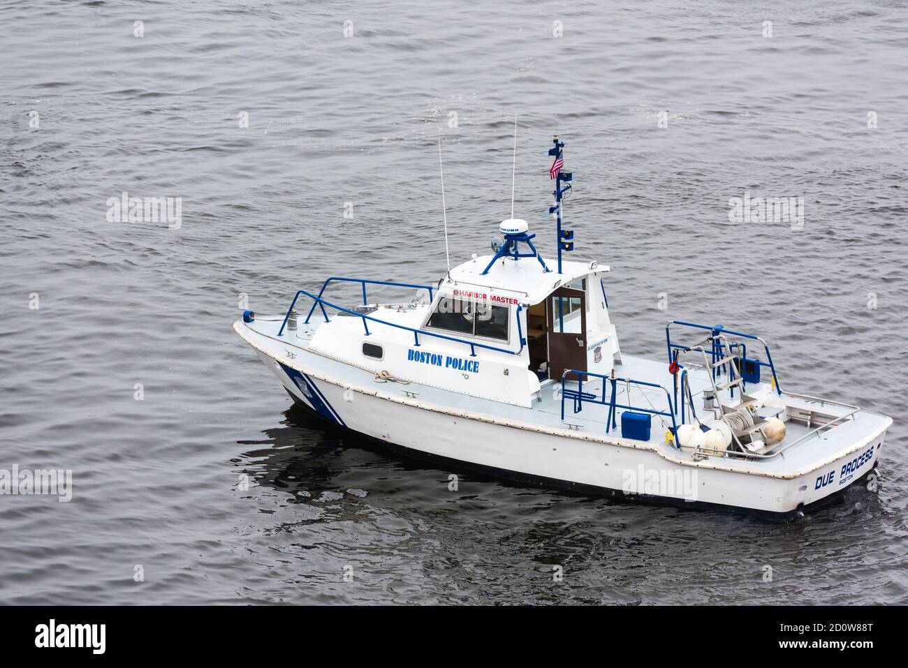 Boston, Massachusetts. 13th June, 2017. Boston Police Boat at Parade of Sail during Sail Boston. Photographed from the USS Whidbey Island. Stock Photo