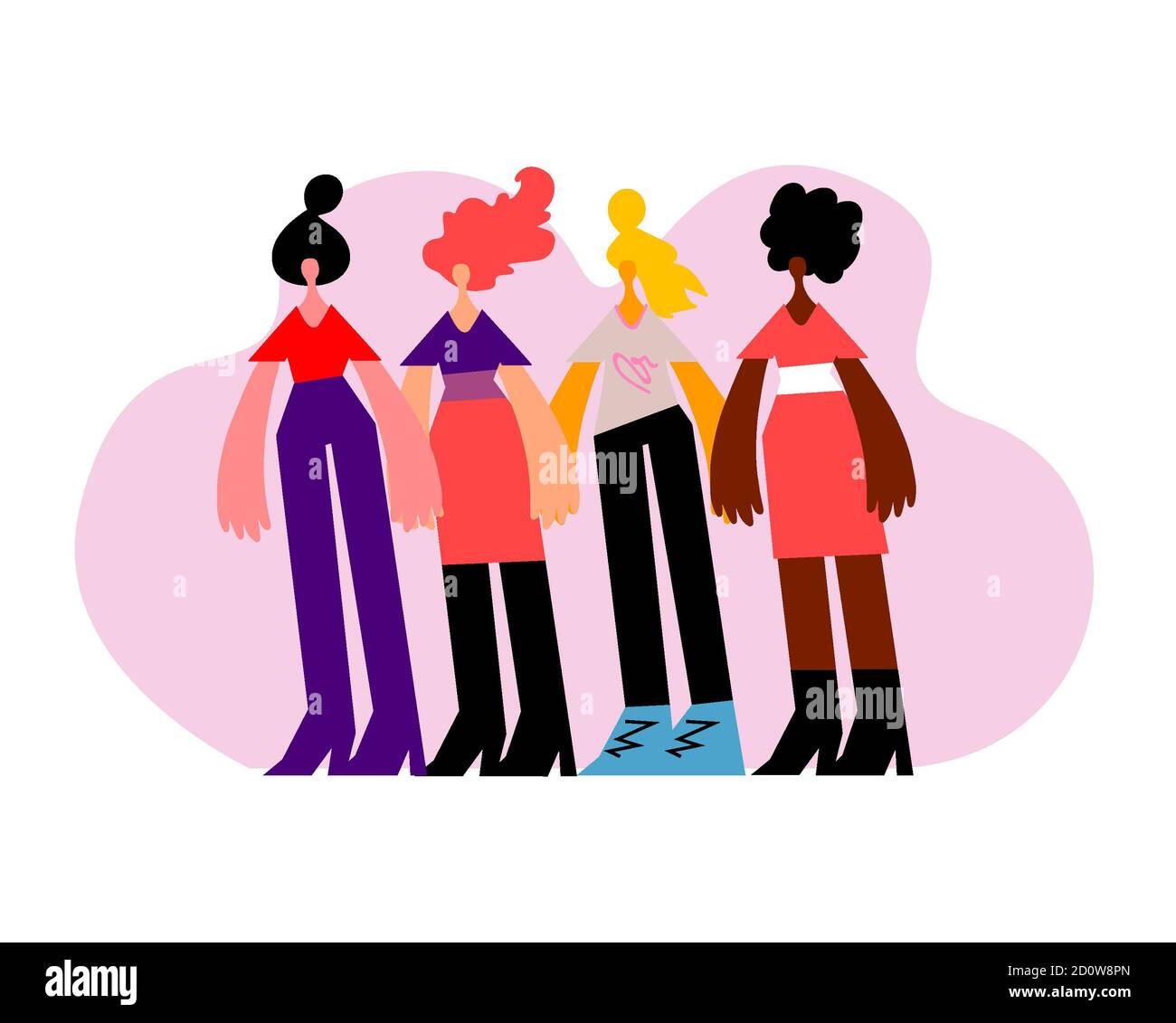 Four women of different nationalities and cultures standing together. Women's friendship, union of feminists or sisterhood. The concept of the female' Stock Photo
