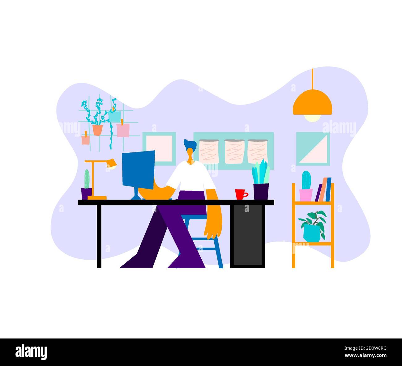 Young man online chatting. Cartoon young man sitting at a table and chatting  online with friends using laptop Stock Vector Image & Art - Alamy