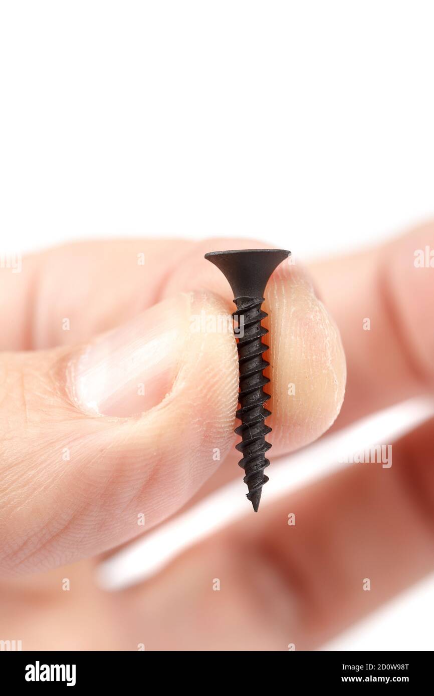 A metal self-tapping screw in the hand, isolated on a white background. Stock Photo