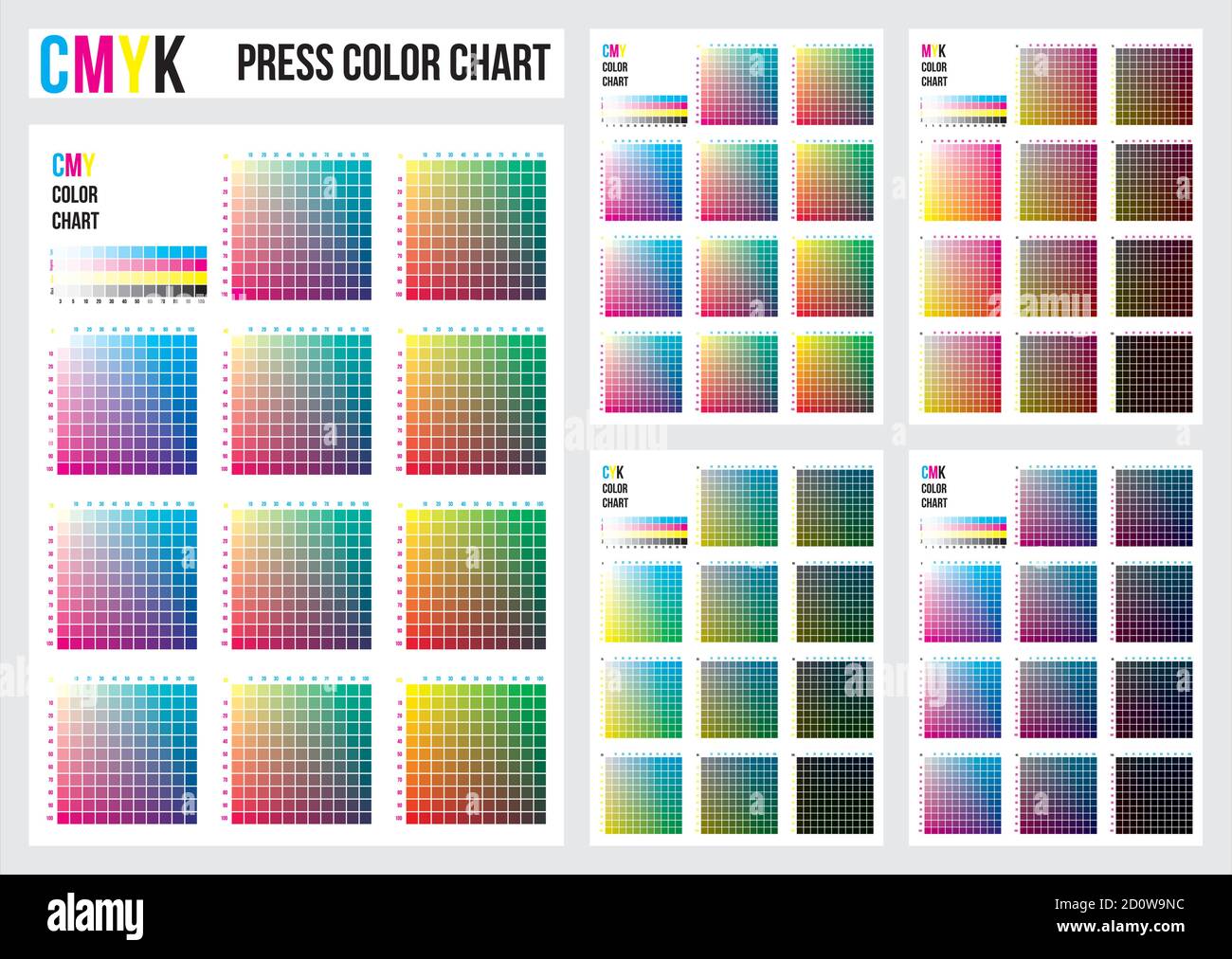CMYK Press Color Chart. CMYK process printing match. Cyan, magenta, yellow, black are base colors and others has been created combining them Stock Vector