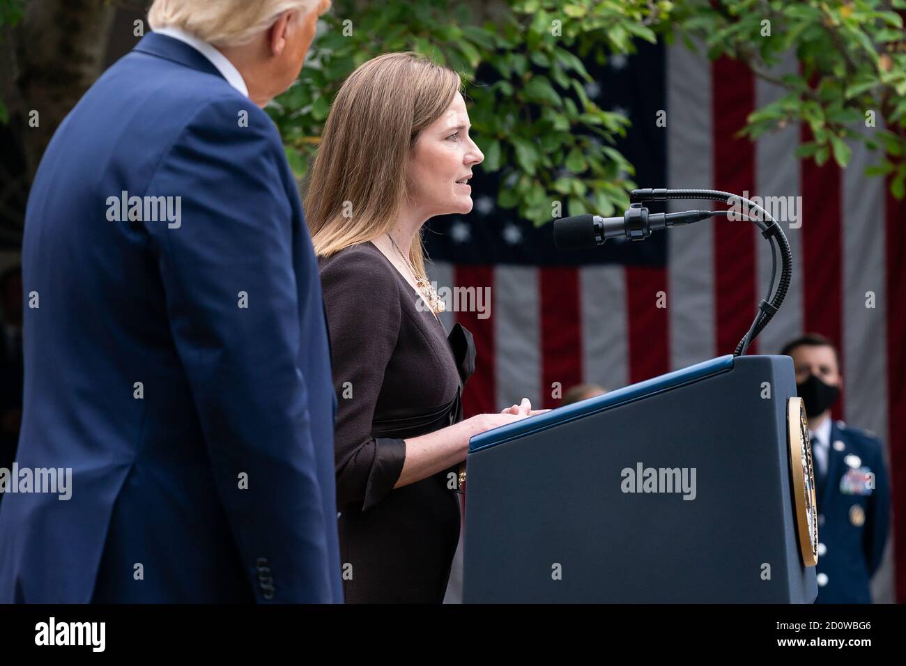 Judge Amy Coney Barrett delivers remarks after President Donald J. Trump announced her as his nominee for Associate Justice of the Supreme Court of the United States Saturday, September 26, 2020, in the Rose Garden of the White House. (USA) Stock Photo