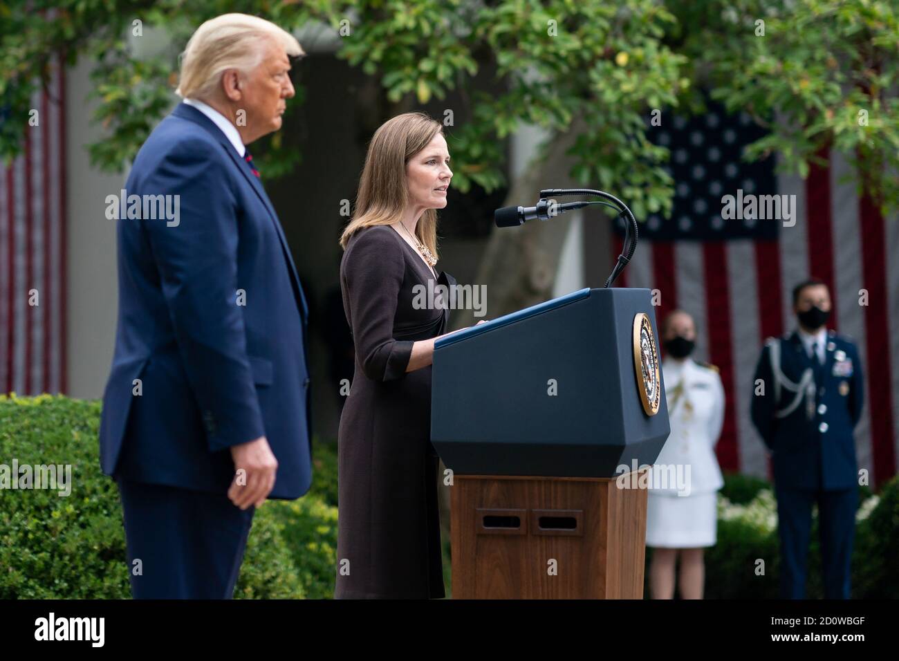 Judge Amy Coney Barrett delivers remarks after President Donald J. Trump announced her as his nominee for Associate Justice of the Supreme Court of the United States Saturday, September 26, 2020, in the Rose Garden of the White House. (USA) Stock Photo
