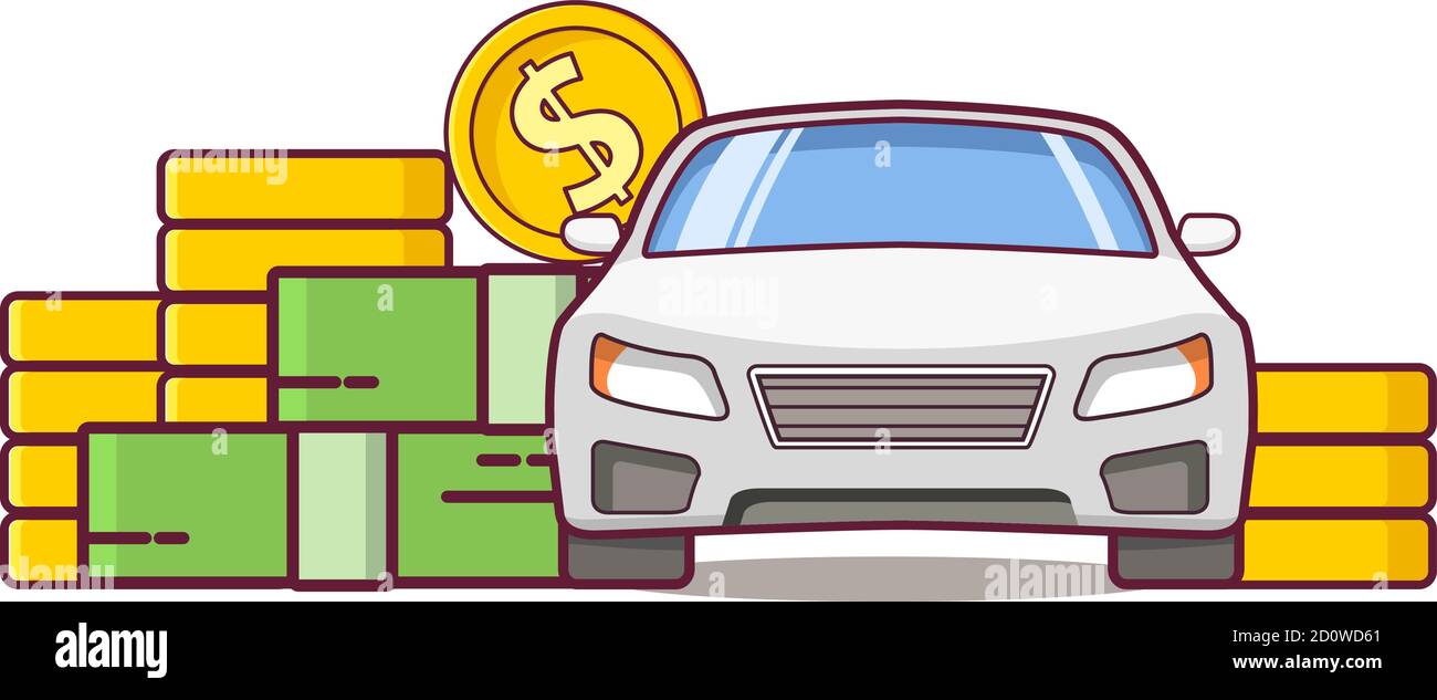Buy car.Rent vehicle.Money coin and cash. Banner dealer concept flat