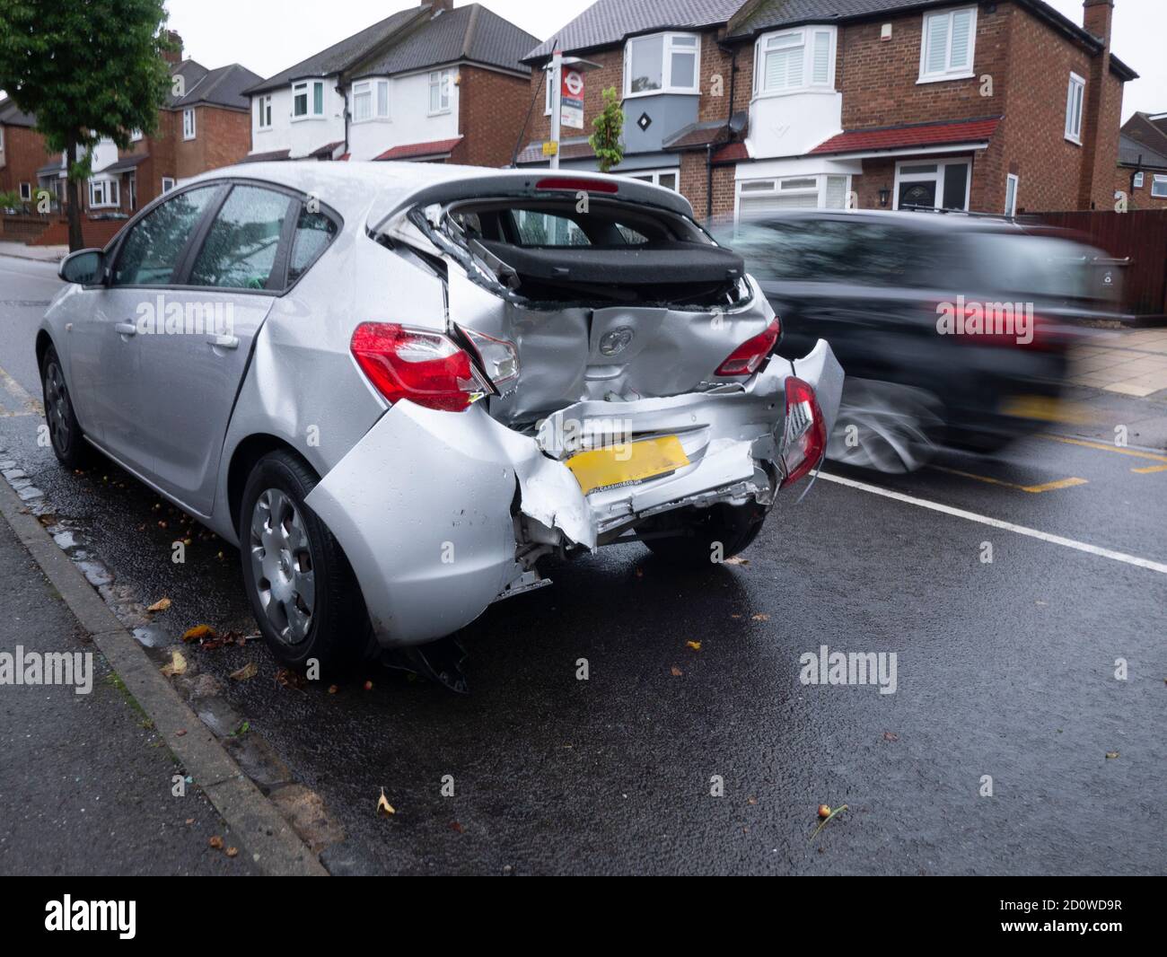 RTA Road traffic accident, Vauxhall Astra with severe rear damage in London Note: Registration plate is obscured Stock Photo