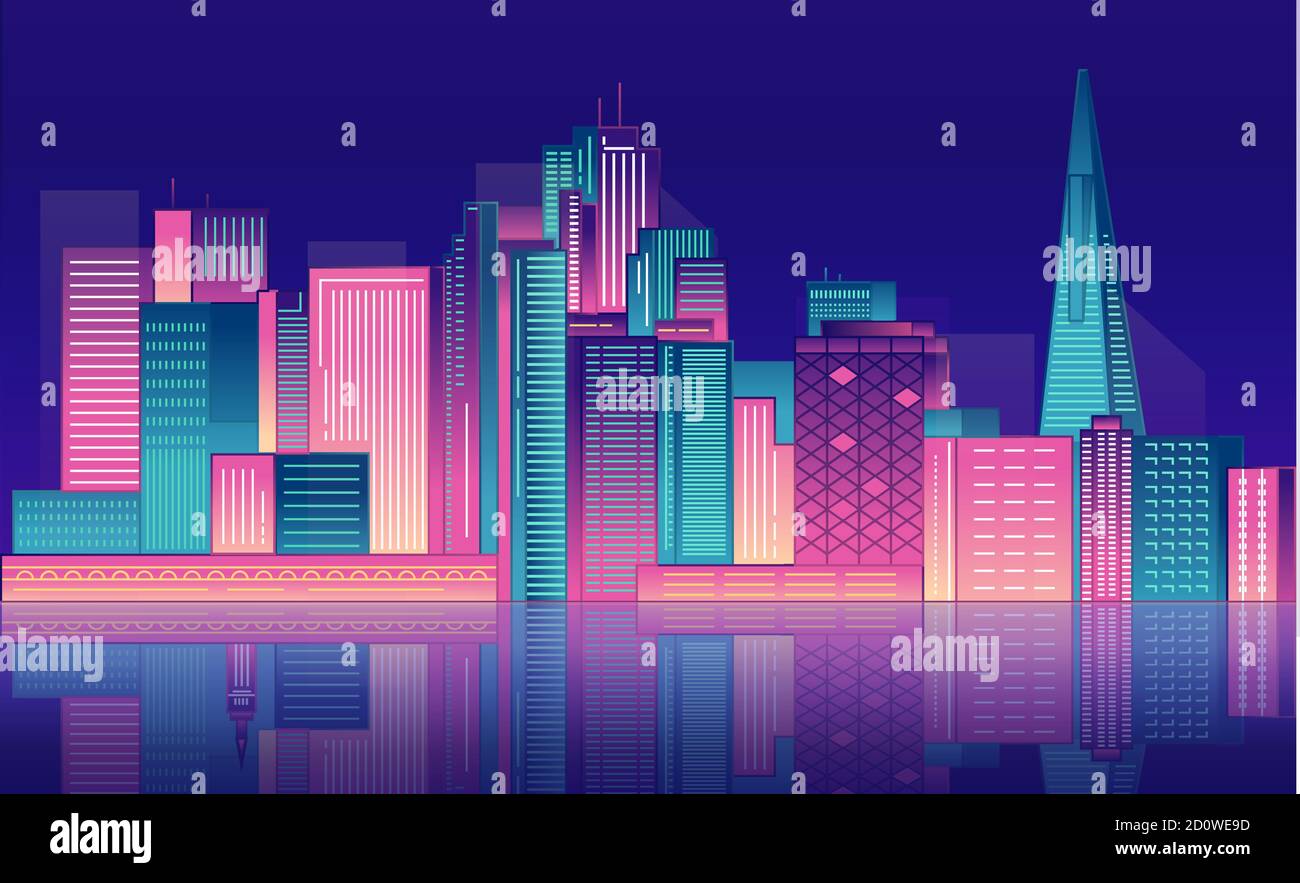 Night city neon light. Downtown American San Francisco Stock Vector ...