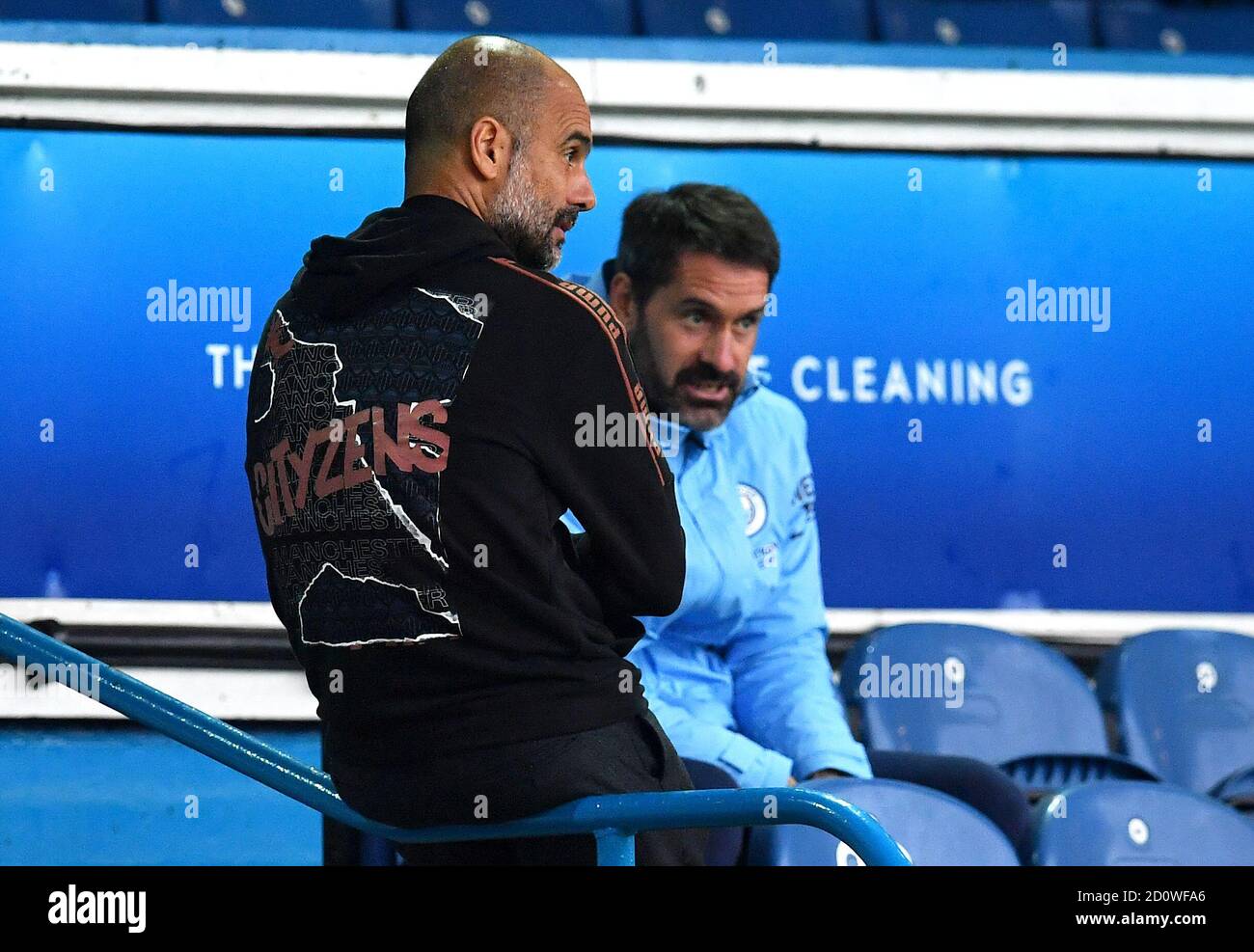 Manchester City Manager Pep Guardiola Left And Goalkeeper Scott Carson In Discussion Before The Premier League Match At Elland Road Leeds Stock Photo Alamy