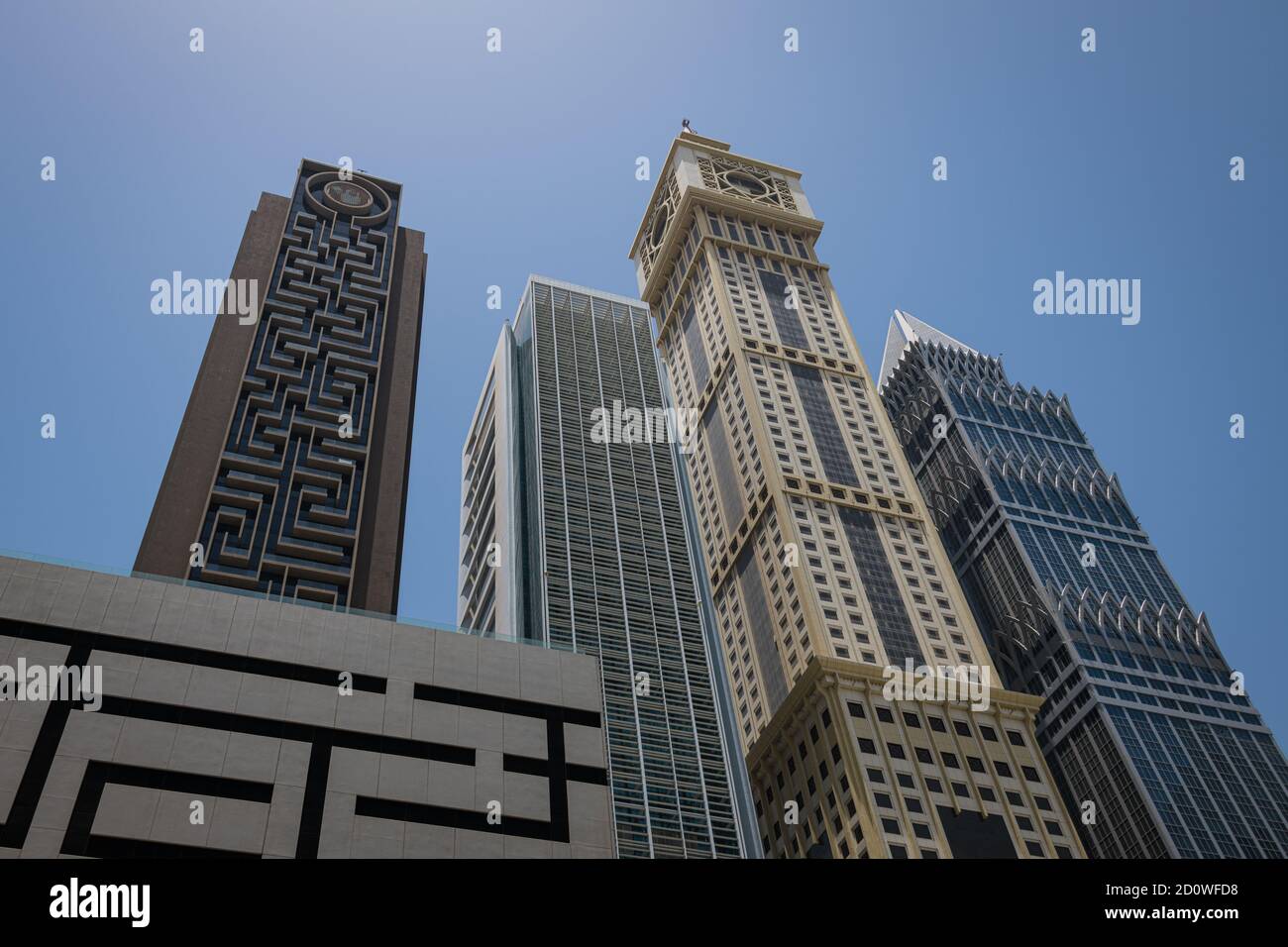 Skyscrapers on Sheikh Zayed Road between Financial Centre and Emirates Towers metro stations, Dubai, United Arab Emirates Stock Photo