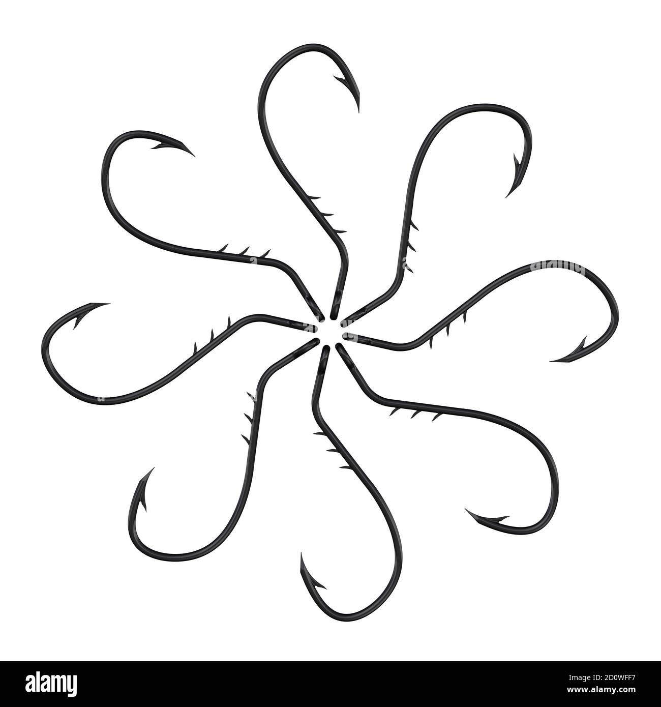 Fishing hooks are arranged in a circle. Black fishing hooks are