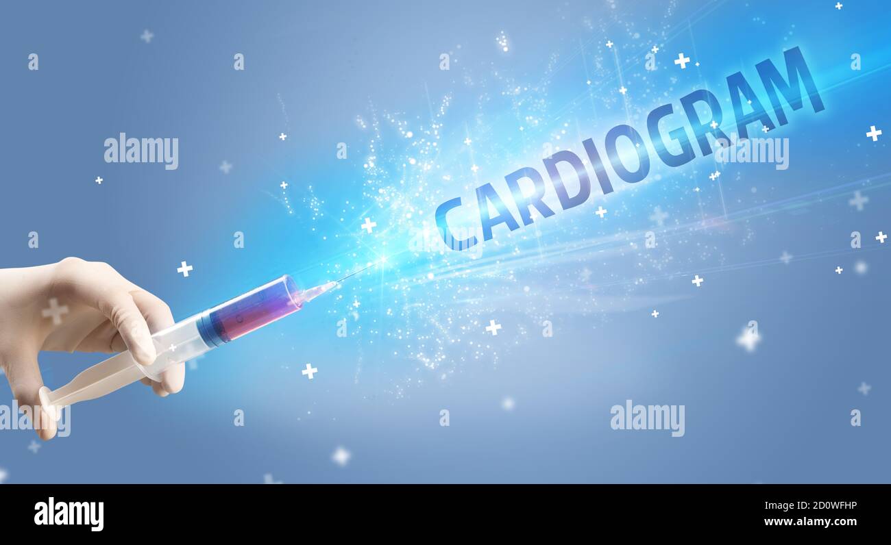Syringe, medical injection in hand with CARDIOGRAM inscription, medical ...