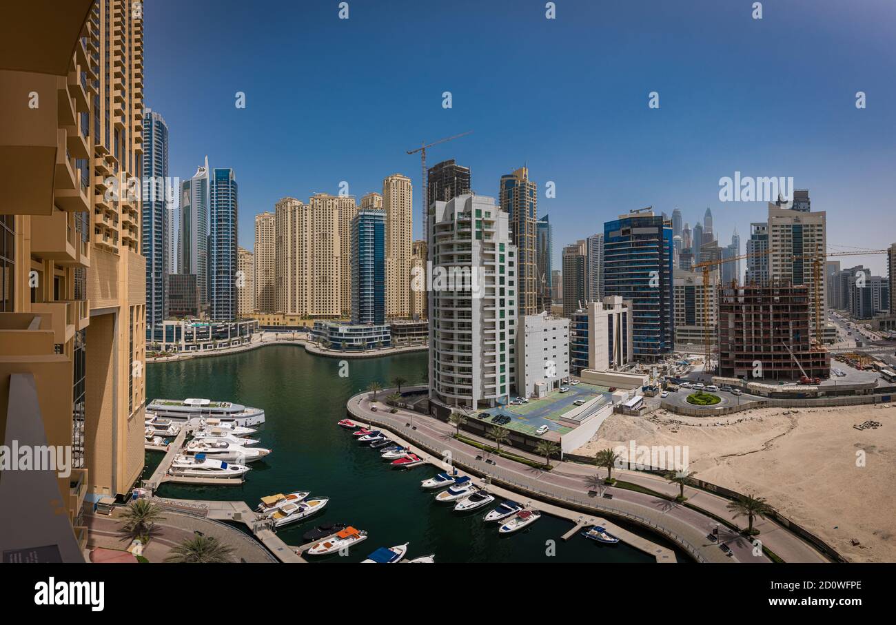 View of Dubai Marina, an affluent residential neighbourhood of Dubai, from The Address Dubai Marina, Dubai, UAE, United Arab Emirates Stock Photo