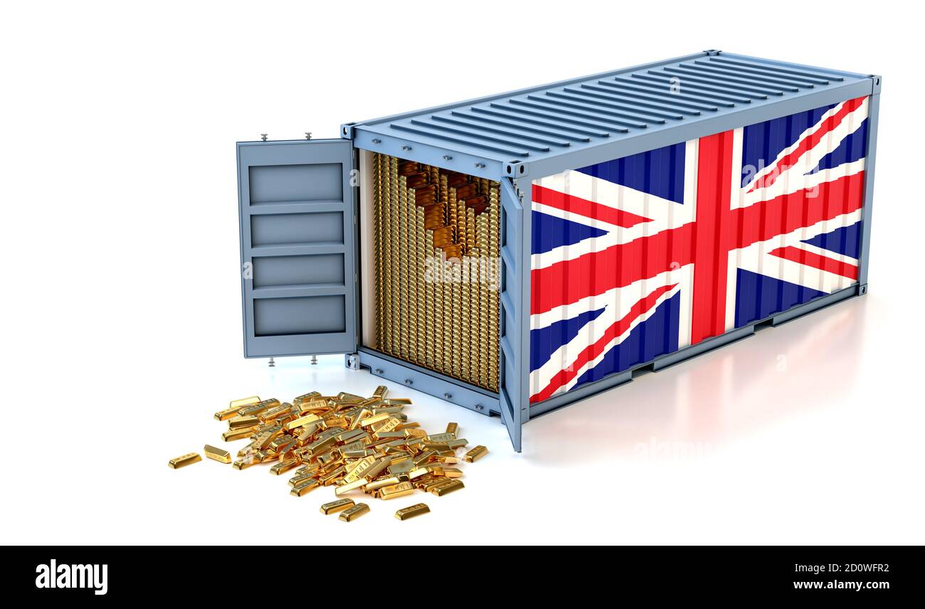 Freight Container with United Kingdom flag filled with Gold bars. Some Gold bars scattered on