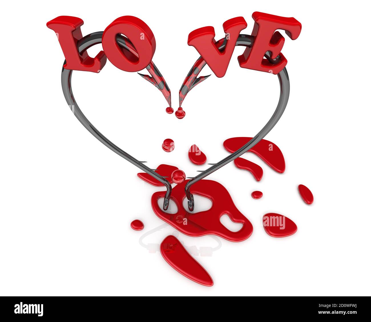 Bleeding heart symbol from fish hooks. Bleeding heart symbol from fishing  hooks on a white surface and word LOVE. 3D illustration Stock Photo - Alamy